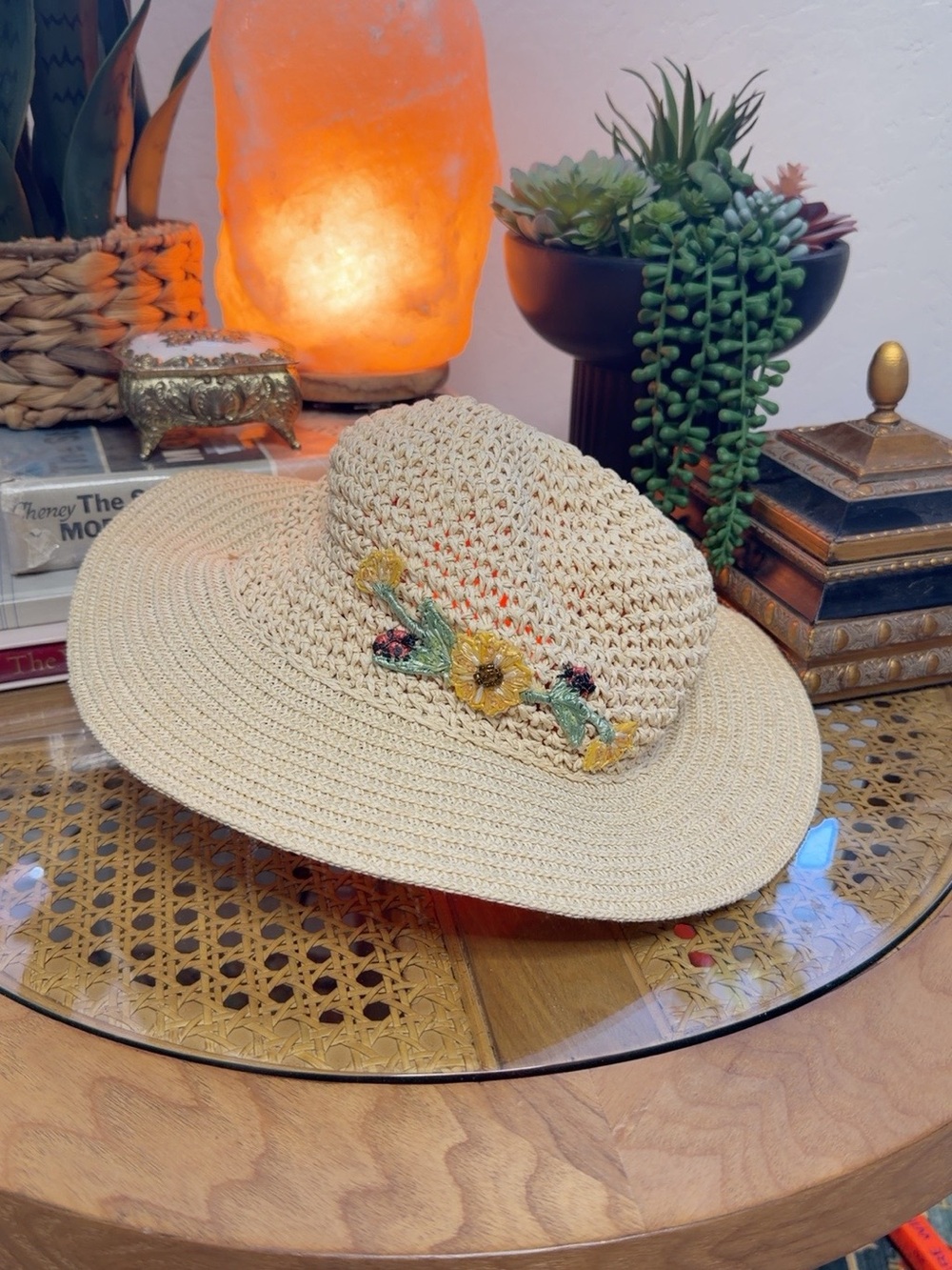 Cappelli Straworld Woven Sun Hat Sunflower Ladybug Cottagecore Beige